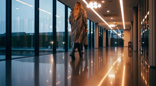 Person in a coat walking down a modern hallway