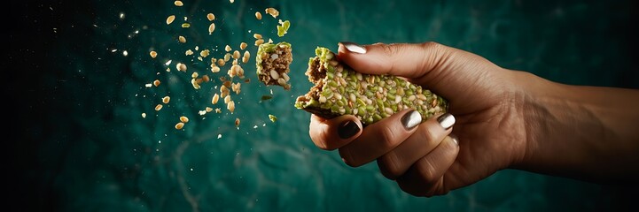 Healthy cereal bar snack in hand with seeds flying around