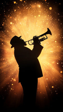 Silhouette jazz musician playing trumpet with glowing golden burst background and festive bokeh light, energetic moody performance scene