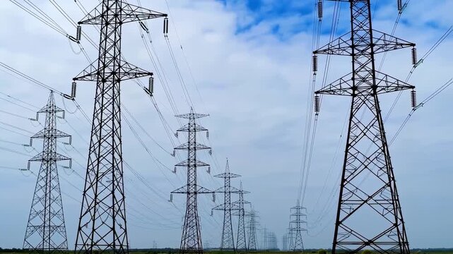 High Voltage Power Lines and Electricity Pylons Under a Blue Sky for Energy Transmission