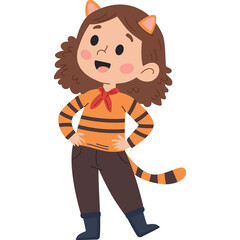 Young Girl Dressed As Tiger With Orange Striped Shirt Brown Pants And Black Boots Standing Confidently With Hands On Hips And Tail Swishing In A Playful Manner