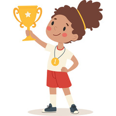 Young Girl Athlete Holding Golden Trophy Wearing White T-shirt Red Shorts And Medal Celebrating Victory in Sports Competition
