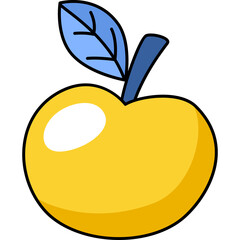 Yellow Apple with Blue Leaf and Stem Cartoon Vector Illustration Isolated on Transparent Background Vibrant Fruit Object
