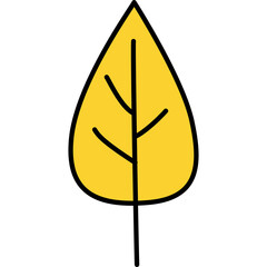 Yellow Autumn Leaf Illustration with Black Outline and Stem Isolated on Transparent Background Simple Fall Season Botanical Icon