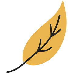 Yellow Autumn Leaf with Black Veins and Stem in Doodle Style Against a Transparent Background