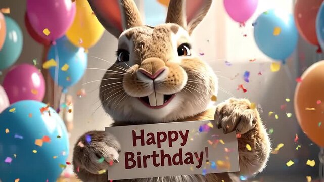 Happy Birthday greeting with a cute rabbit holding a sign surrounded by colorful balloons and confetti, celebrating a special day with joy and festive atmosphere
