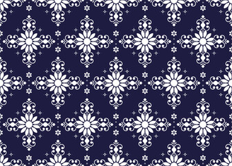 Seamless white floral blooming on dark blue background, ethnic fabric pattern, Portuguese style, design for cloth, carpet, batik, wallpaper, wrapping etc.