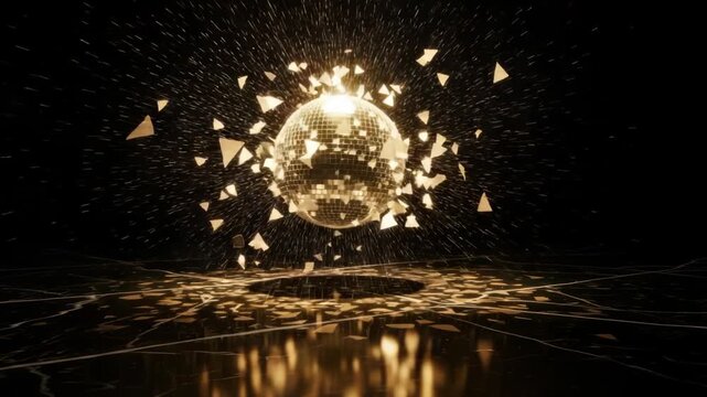 Elegant golden disco ball shattering into fragments against a reflective dark surface creating