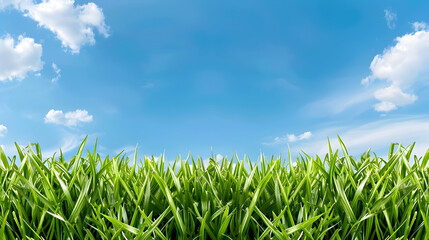 Lush green grass and bright blue sky with fluffy white clouds create a serene, vibrant outdoor scene perfect for nature themes and summer vibes