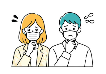 Concerned man and woman wearing face masks expressing worry and uncertainty - Flat Vector Illustration. Colored vector illustration