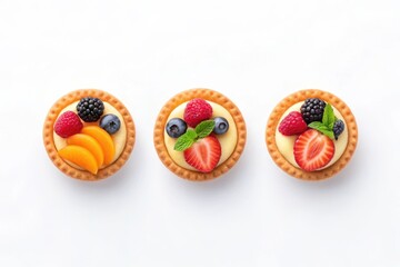 Three delicious fruit tarts with fresh berries and cream isolated on white background