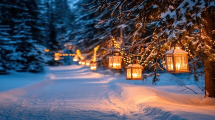 Snowy Forest Path with Lanterns Hanging From Pine Tree Branches at Night