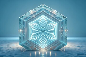 Intricate geometric ice crystal cube with snowflake pattern isolated on white background