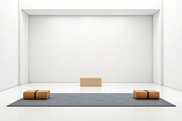 Minimalist interior scene with yoga props and a display box isolated on white background