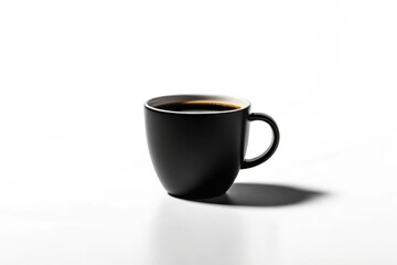 A sleek black coffee mug filled with dark coffee isolated on white background