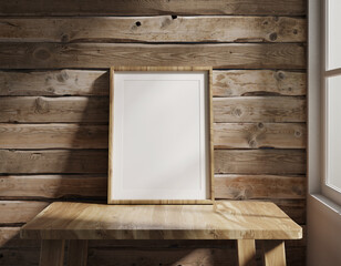 A blank vertical wooden frame with a white mat, resting on a light wooden table and leaning against a weathered plank wall, illuminated by natural daylight from a side window.