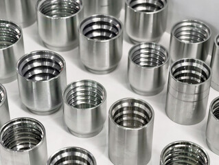 Collection of stainless steel containers organized neatly, showcasing various sizes and designs in a workshop setting