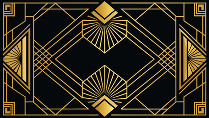 Art deco inspired gold lines and geometric frames on black surface, elegant vintage festive design, luxury wallpaper