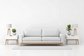 Modern living room setup with white sofa and matching side tables