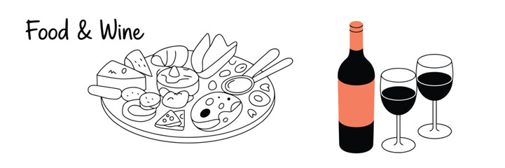 Food and Wine Platter with Bottle and Glasses on White Background cheese bread