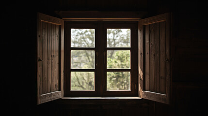 Fototapeta premium Traditional wooden window with authentic vintage design handcrafted details, aged wood texture, soft natural light entering through the window