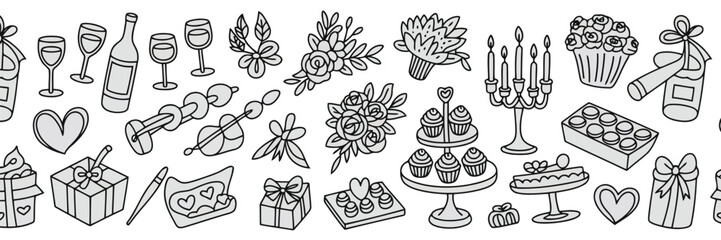 Hand Drawn Celebration and Party Elements Border with Gifts and Flowers wedding birthday