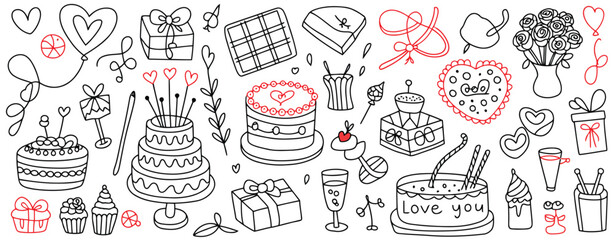 Hand-drawn collection of birthday and celebration elements including cakes, gifts, and balloons party