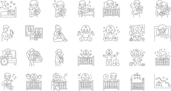 Line art icons depicting tired parents and crying babies on transparent background