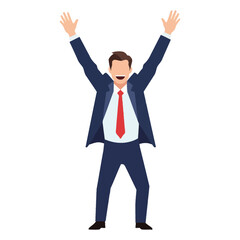 Fototapeta premium A joyful businessman celebrates success with arms raised in triumph.