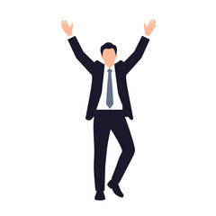 A businessman in a suit stands with his arms raised in a gesture of success or celebration.