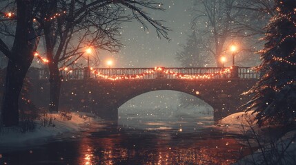 Snowy Night Bridge with String Lights and Sparkling Snowflakes in a Winter Forest Scene