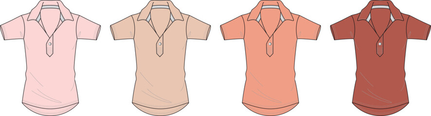 Four stylish polo shirts in different shades of pink and orange, laid out horizontally on a white background