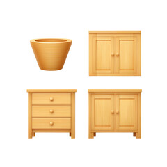 Collection of wooden furniture items including cabinets and a planter.