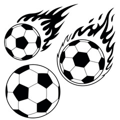 Fototapeta premium Three soccer balls with flames and motion lines in a dynamic composition