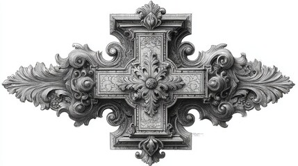 Ornate filigree cross with cutouts in black and white, pencil drawing on white background, detailed religious symbol, decorative intricate design with artistic line work