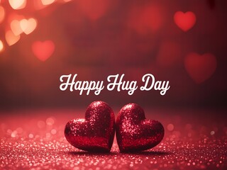 Two red heart decorations embrace on glittery surface with soft bokeh lights celebrating hug day