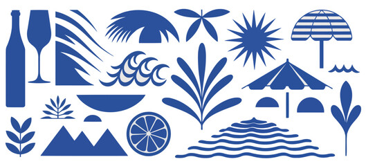 Obraz premium Blue Abstract Summer Beach Elements on White Background vector illustration