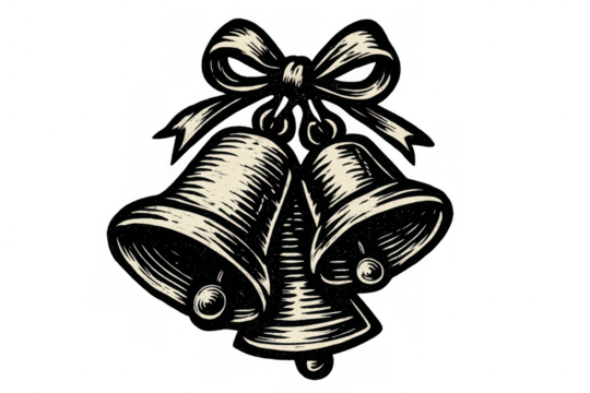 Christmas bells with ribbon bow, celebrating holiday season in vintage woodcut style, transparent background