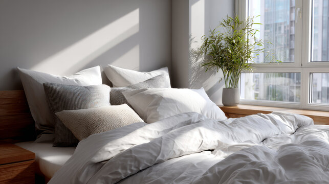 Serene bedroom bathed in gentle morning sunlight, soft linens on bed look so inviting and comfortable for peaceful start to day