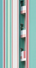 Fototapeta premium Pastel-hued building facade with vertically striped walls and recessed balconies featuring pale pink and white detailing