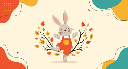 Cute happy bunny rabbit wearing orange overalls dancing joyfully amidst a beautiful autumn foliage and branches, with abstract shapes.