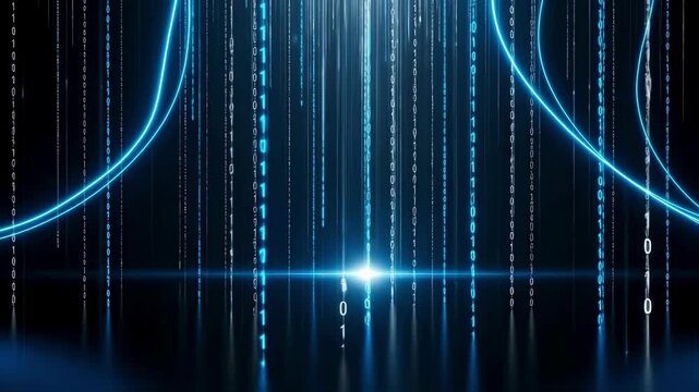 Digital technology concept featuring an abstract blue binary code background with glowing motion lines and data patterns