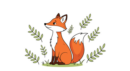 Adorable illustration of a charming orange fox with a fluffy white tail, sitting peacefully amidst whimsical green foliage.