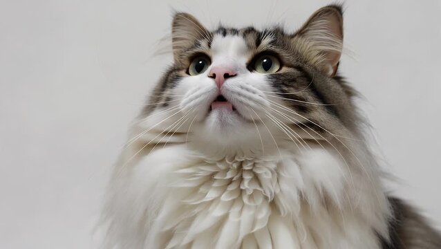 detailed close-up image of a feline with lengthy white and gray fur gazing