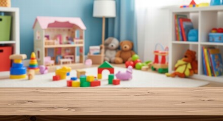 Fototapeta premium A Colorful Wonderland: A cheerful display of children's toys and furnishings creates a vibrant, inviting space. The scene emanates warmth, comfort, and the joy of playtime.