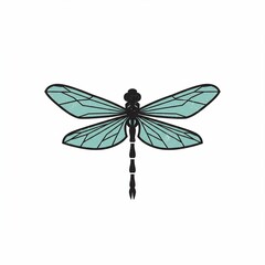 A detailed, stylized illustration of a dragonfly with teal wings and a segmented body, set against a clean white background