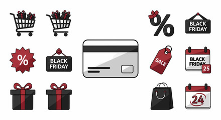 Black Friday shopping icons: carts, credit card, gifts, calendar, and more.