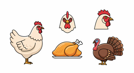 A collection of cartoon poultry illustrations including a chicken, turkey, and a roasted bird on a platter.