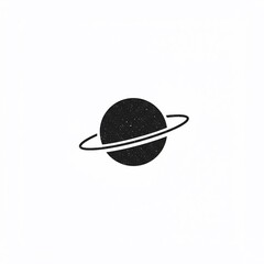 Minimalist illustration of a dark, textured planet with a single orbit against a stark white backdrop, evoking space