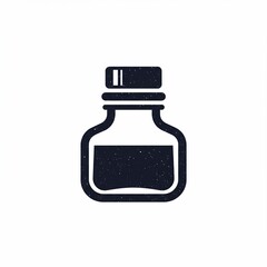 A simple, grainy graphic of a small, square-bottomed bottle with a screw-top lid. The bottle is filled with a liquid